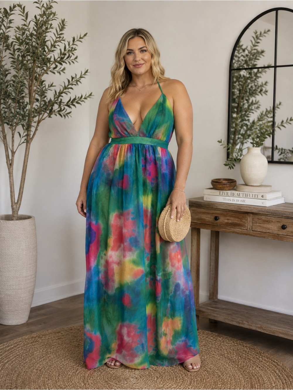 Plus Size Colorful Watercolor Halter Maxi Dress Sleeveless Plunge Neck - XL